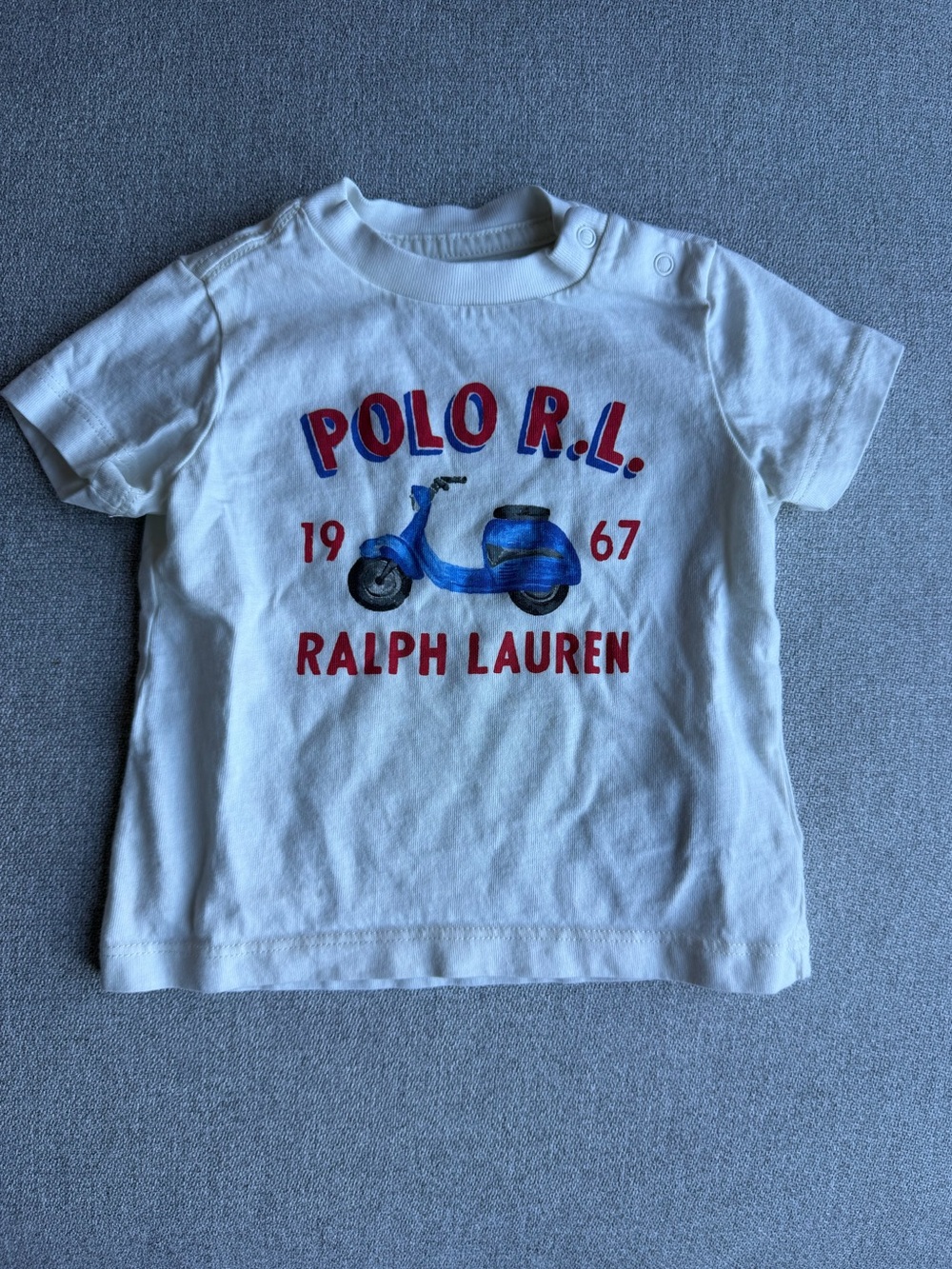 Ralph Lauren White Tee with Blue Scooter and Red Logo